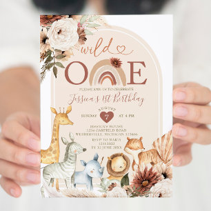 Boho Rainbow Wild ONE Birthday Safari Animals Invitation