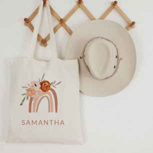 Boho Rainbow with Flowers Neutral Colour Tote Bag