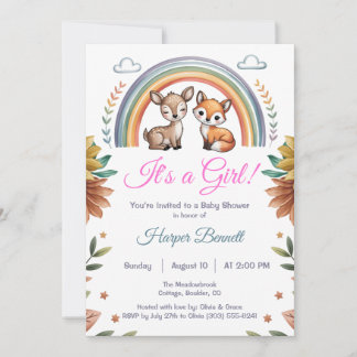 Boho Rainbow Woodland Animals Girl Baby Shower Invitation
