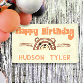Boho Rainbow Woodland Bear Birthday Party Welcome Banner