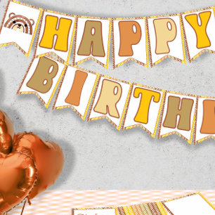 Boho Rainbow Woodland Bear Retro Happy Birthday Bunting