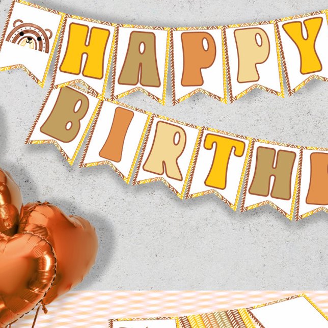 Boho Rainbow Woodland Bear Retro Happy Birthday Bunting (Creator Uploaded)