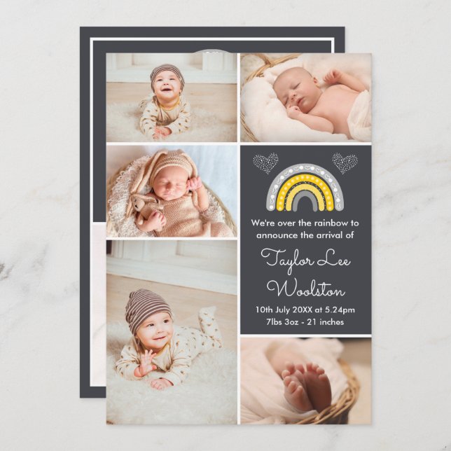 Boho Rainbow Yellow and Grey Birth Announcement (Front/Back)