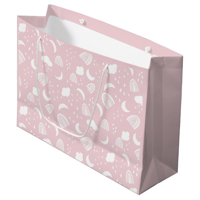 Boho Rainbows Clouds Pink and White Large Gift Bag (Front Angled)