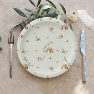 Boho rainbows eucalyptus nursery baby shower paper plate