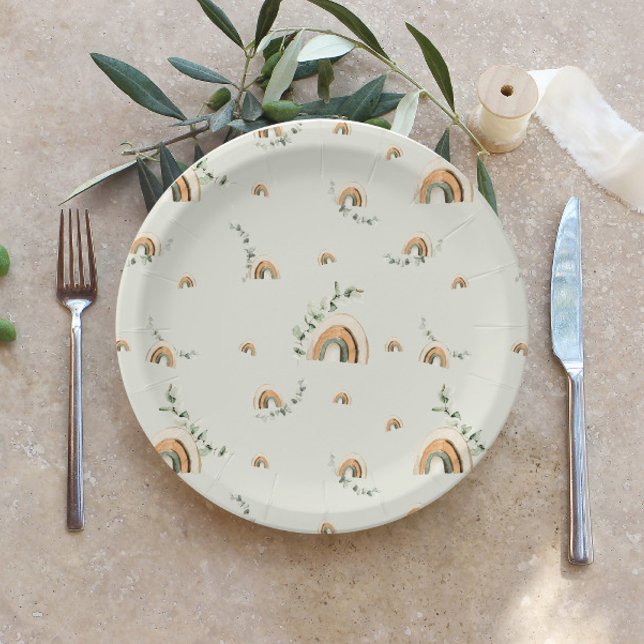 Boho rainbows eucalyptus nursery baby shower paper plate (Creator Uploaded)