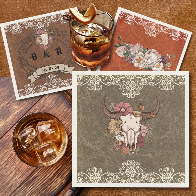Boho Ranch Floral Bull Skull Paper Cocktail Napkin (Creator Uploaded)