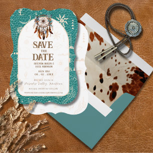 Boho Ranch Turquoise Faux Leather Save the Date Invitation