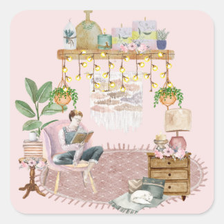 Boho Reading Room Square Sticker