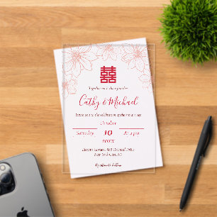 Boho red and beige floral Chinese wedding Acrylic Invitations