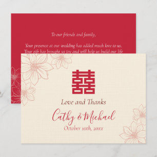 Boho red and beige floral Chinese wedding Thank You Card