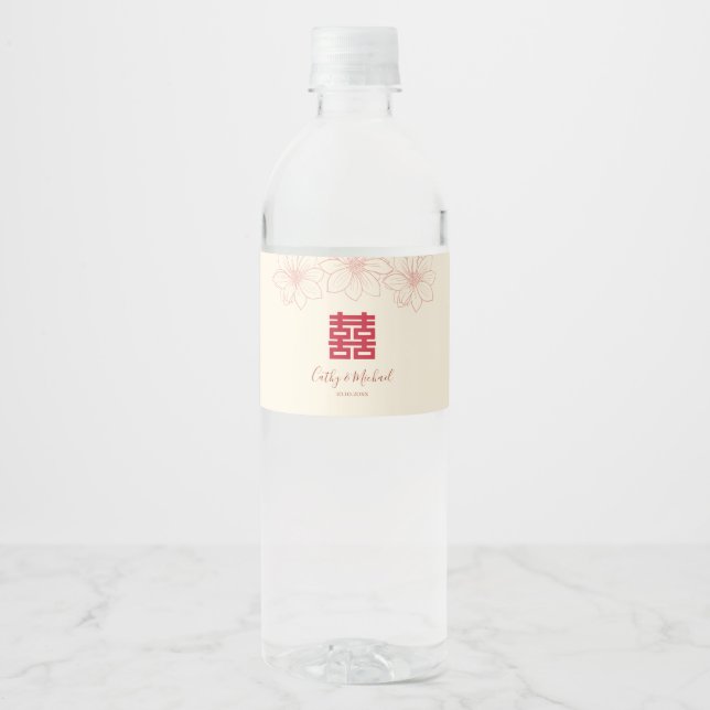 Boho red and beige floral Chinese wedding Water Bottle Label (Front)
