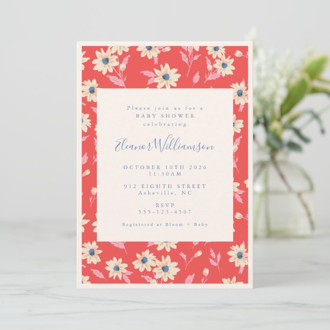 Boho Red and Blue Floral Baby Shower Invitation (Standing Front)