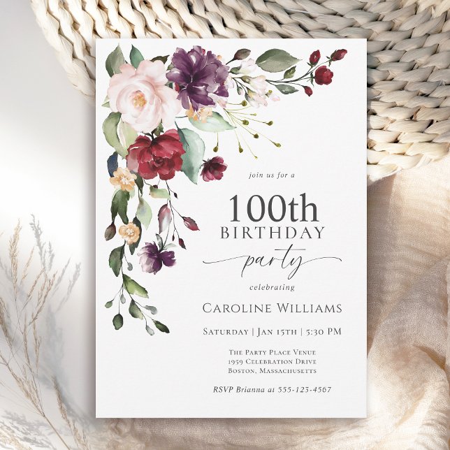 Boho Red and Purple Floral 100th Birthday Party Invitation (Available in both printed and instant download digital formats.)