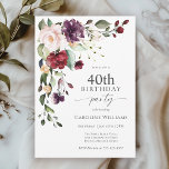 Boho Red and Purple Floral 40th Birthday Party Invitation<br><div class="desc">Celebrate a 40th birthday in beautiful boho style with this attractive watercolor floral birthday party invitation. It has a lovely floral corner bouquet in the stylish colour combination of burgundy red, blush pink, plum purple, and peach with leafy greenery scattered throughout. It makes a wonderful choice for celebrations from mid-summer,...</div>