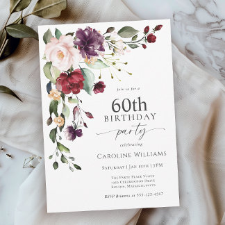 Boho Red and Purple Floral 60th Birthday Party Invitation