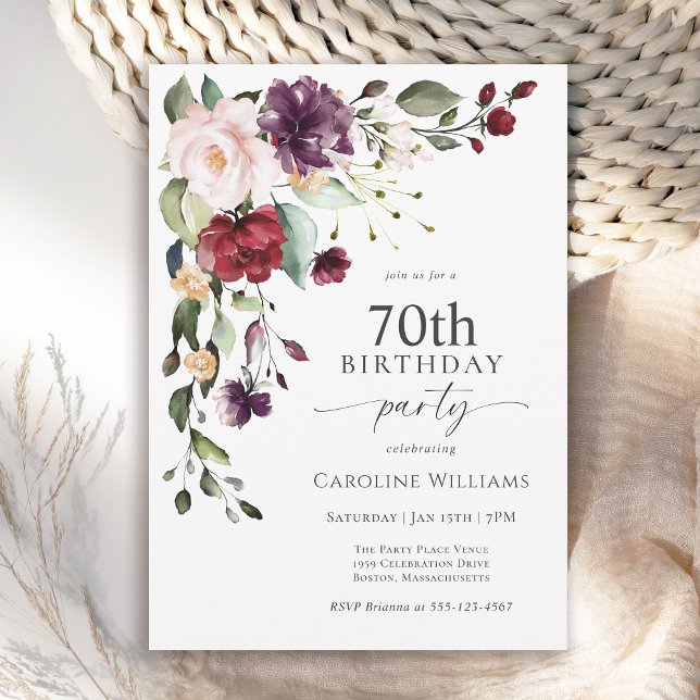 Boho Red and Purple Floral 70th Birthday Party Invitation (Available in both printed and instant download digital formats.)