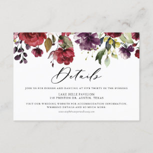 Boho Red and Purple Watercolor Flowers Details Enclosure Card