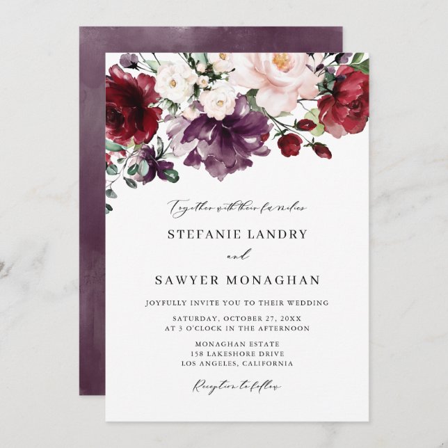 Boho Red and Purple Watercolor Flowers Wedding Invitation (Front/Back)