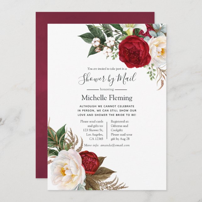 Boho Red and White Baby or Bridal Shower by Mail Invitation (Front/Back)
