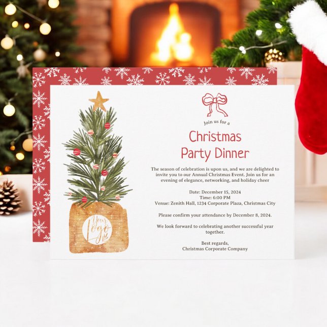 Boho Red and White Corporate Christmas Tree Party Invitation (Boho Red and White Corporate Christmas Tree Party Invitation)
