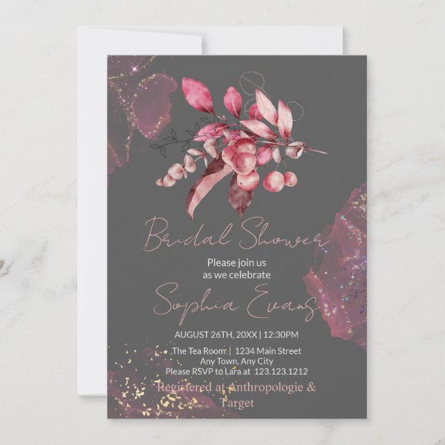 Boho Red Berries & Greenery Grey Bridal Shower Invitation (Front)