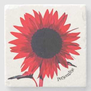 Boho Red Black Sunflower Personalised Stone Coaster