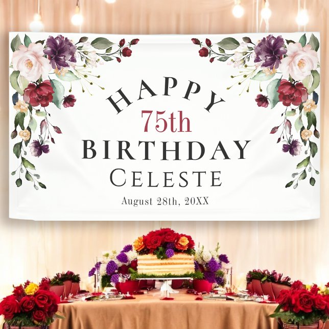 Boho Red Blush and Purple 75th Birthday Party Banner (Creator Uploaded)