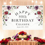 Boho Red Blush and Purple 80th Birthday Party Banner<br><div class="desc">A lovely watercolor floral birthday party banner with unique boho floral corner bouquets in the stylish colour combination of burgundy red, blush pink, plum purple, and peach with sumptuous greenery scattered throughout. It makes a wonderful choice for celebrations from mid-summer, to fall and throughout the winter months. Personalise this banner...</div>