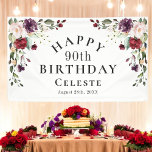 Boho Red Blush and Purple 90th Birthday Party Banner<br><div class="desc">A feminine watercolor floral birthday party banner with unique boho floral corner bouquets in the stylish colour combination of burgundy red, blush pink, plum purple, and peach with sumptuous greenery scattered throughout. It makes a wonderful choice for celebrations from mid-summer, to fall and throughout the winter months. Personalise this banner...</div>