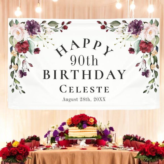 Boho Red Blush and Purple 90th Birthday Party Banner (Creator Uploaded)