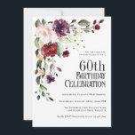 Boho Red Blush and Purple Floral 60th Birthday Invitation<br><div class="desc">Celebrate a 60th birthday in beautiful style with this unique watercolor floral birthday party invitation. It has a lovely floral corner bouquet in the stylish colour combination of burgundy red, blush pink, plum purple, and peach with sumptuous greenery scattered throughout. It makes a wonderful choice for celebrations from mid-summer, to...</div>