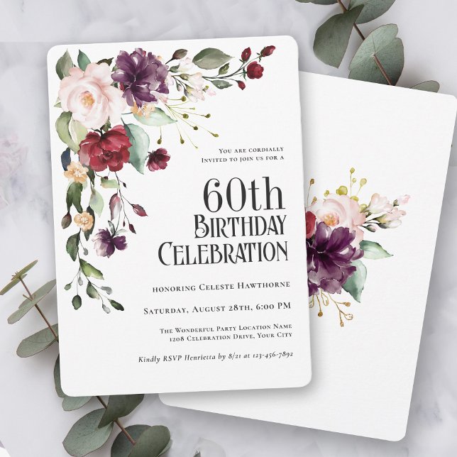 Boho Red Blush and Purple Floral 60th Birthday Invitation (Creator Uploaded)