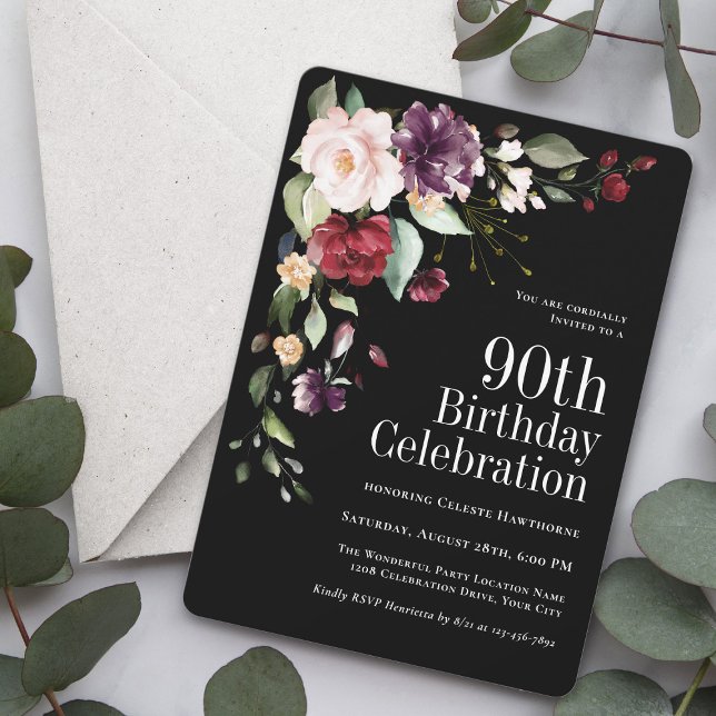 Boho Red Blush and Purple Floral 90th Birthday Invitation (Available as printed invitations or paperless digital download!)