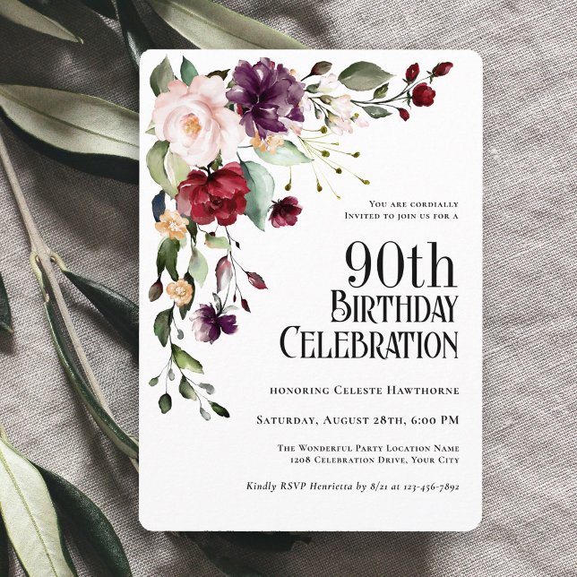 Boho Red Blush and Purple Floral 90th Birthday Invitation (Creator Uploaded)