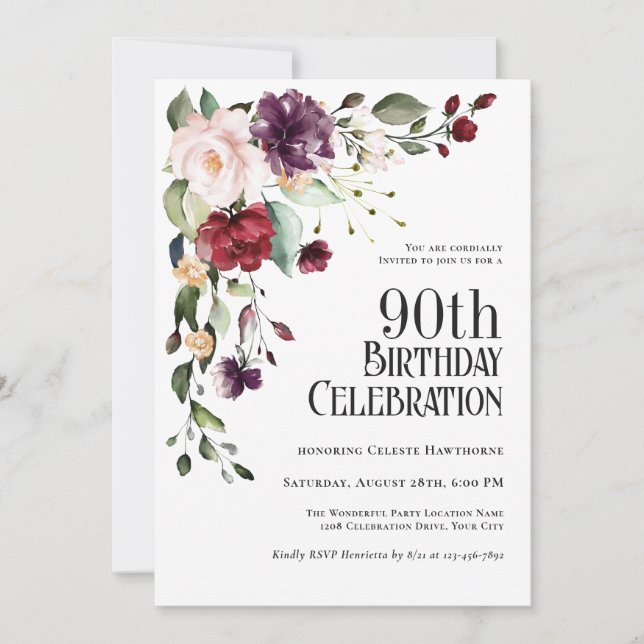 Boho Red Blush and Purple Floral 90th Birthday Invitation (Front)
