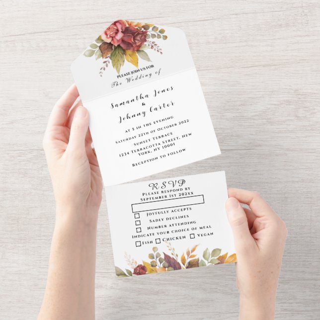Boho Red Burgundy Floral Script Wedding Elegant All In One Invitation (Tearaway)