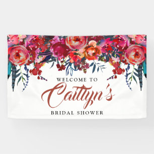 Boho Red Floral Feather Bridal Shower Welcome Banner