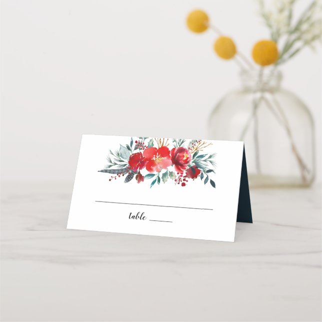 Boho Red Floral Feather Wreath Monogram Wedding Place Card (Front)