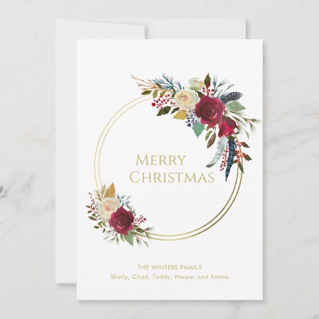 Boho Red Floral Geometric Gold Christmas Holiday Card (Front)