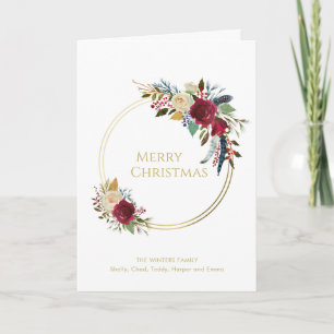 Boho Red Floral Gold Geometric Modern Christmas Holiday Card