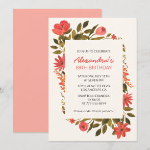 Boho Red Floral Watercolor 88th birthday Invitation
