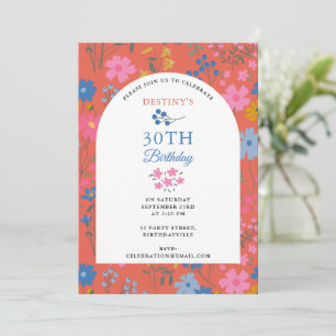 Boho Red Floral Wildflowers 30th 40th Birthday Invitation