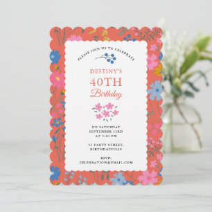 Boho Red Floral Wildflowers 40th 50th Birthday Invitation