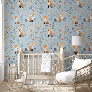 Boho Red Fox on Blue Baby Nursery Wallpaper