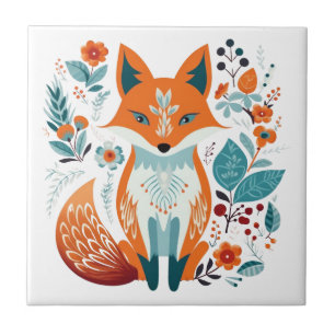 Boho Red Fox Scandinavian Folk Art Ceramic Tile