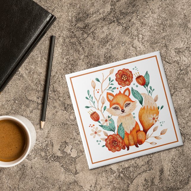 Boho Red Fox with Flowers and Leaves  Ceramic Tile (Creator Uploaded)