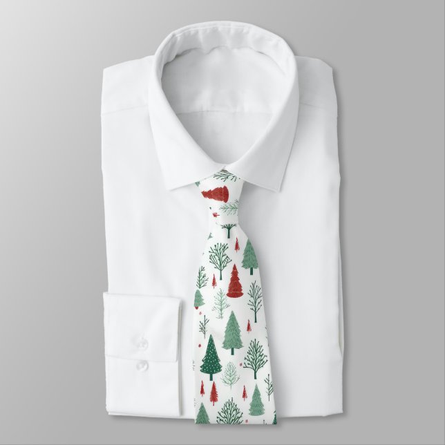 Boho Red Green Christmas Trees Holiday Tie (Tied)