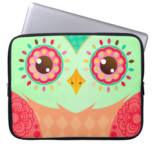 Boho Red & Green Owl Laptop Sleeve (Front)