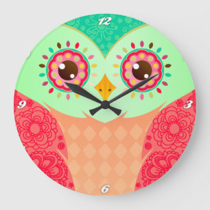 Boho Red & Green Owl Large Clock